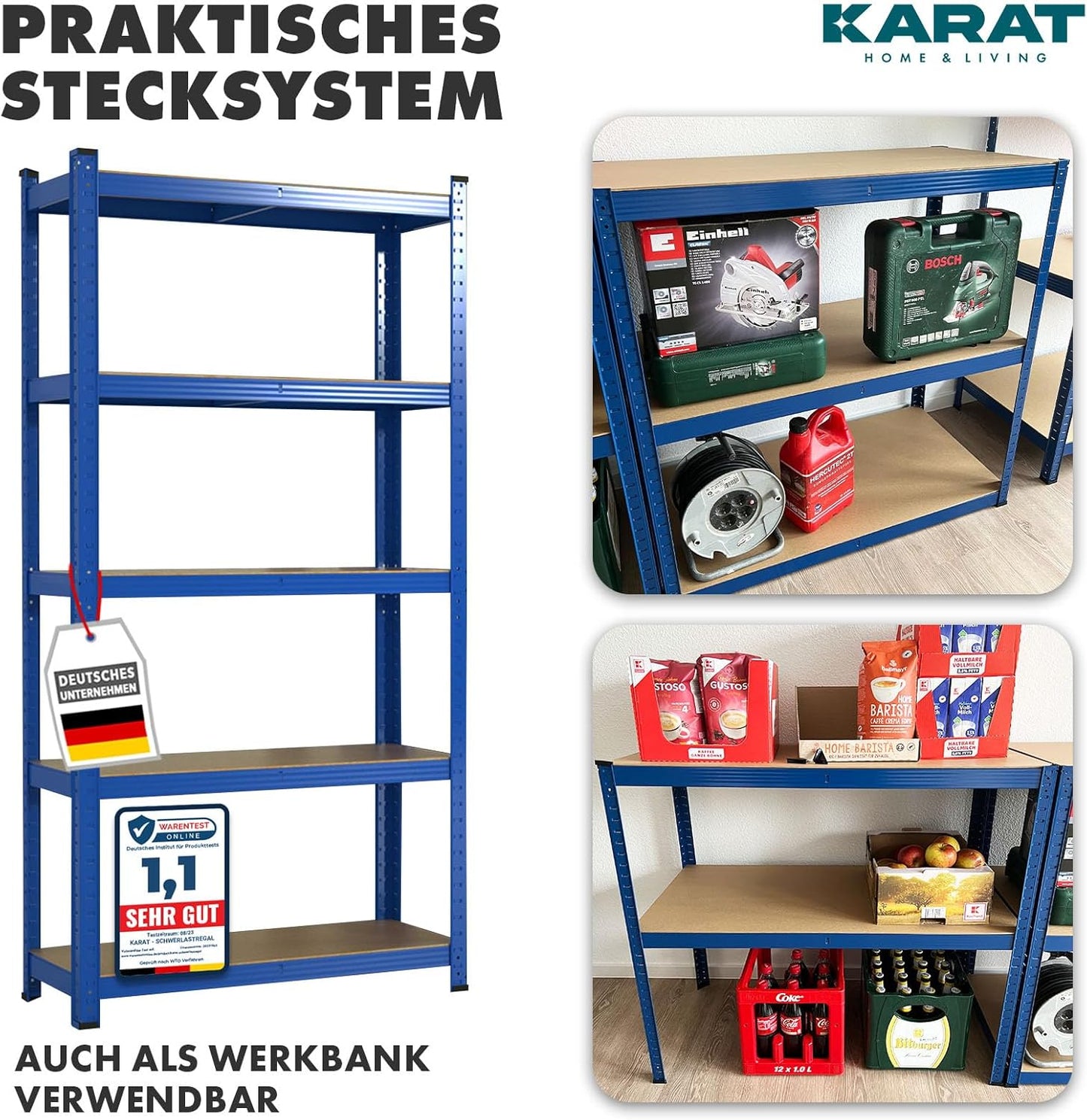 2er-Set Schwerlastregal mit 5 Böden, 150 x 75 x 30 cm Blau