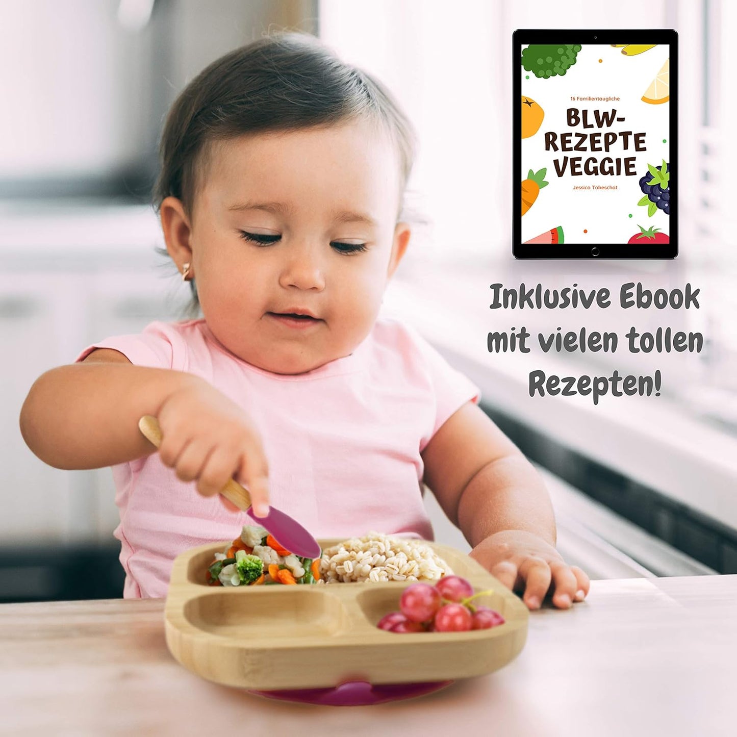 Kinderteller mit Saugnapf und Löffel, Kirsche