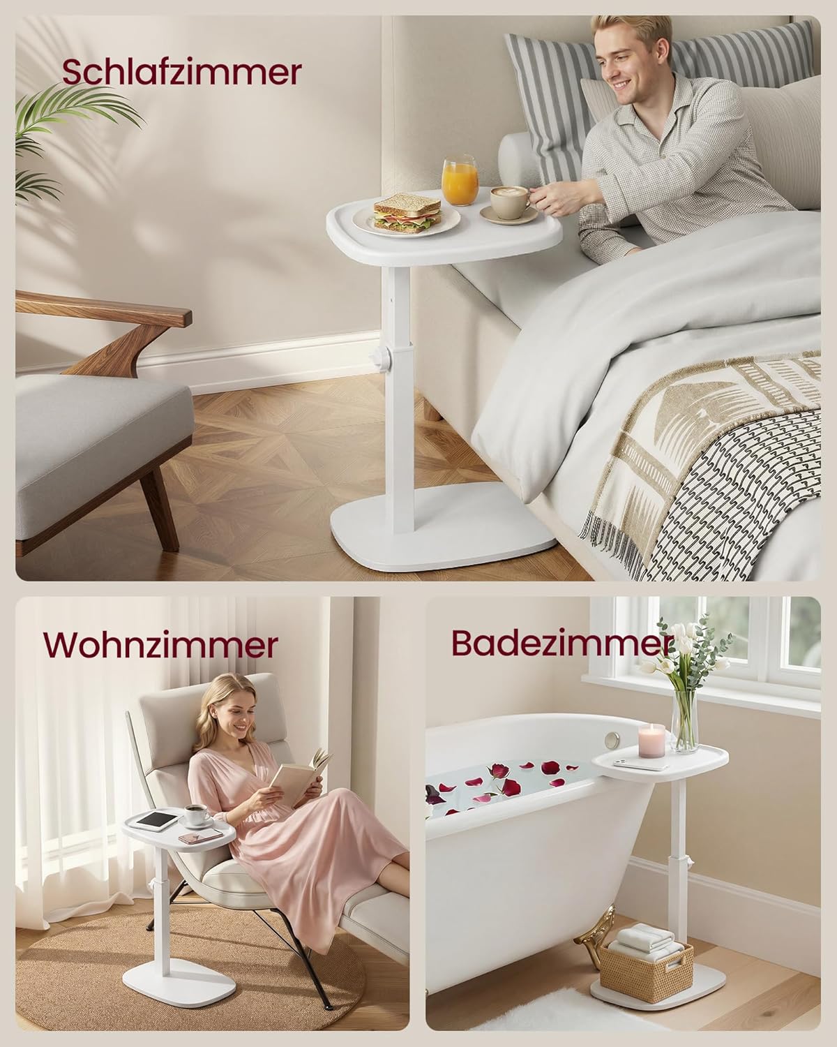 Höhenverstellbarer C-Form Beistelltisch, Wolkenweiss + Höhenverstellbar