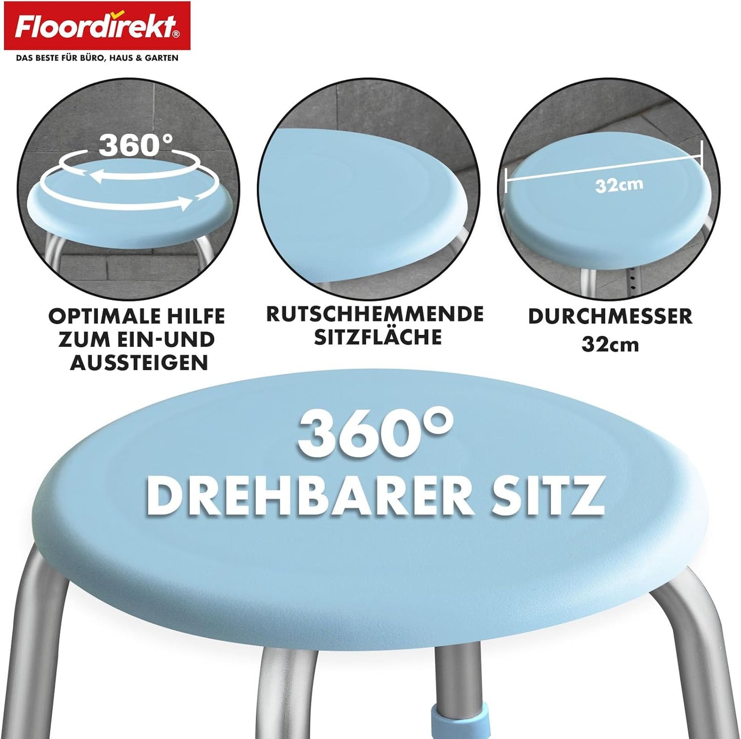 Höhenverstellbarer Duschhocker Pedro 360° drehbar, 35 × 35 × 39–51,5 cm