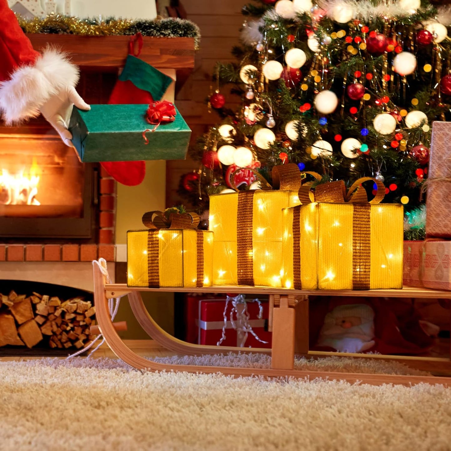 3er-Set LED-Weihnachts-Geschenkboxen, Golden