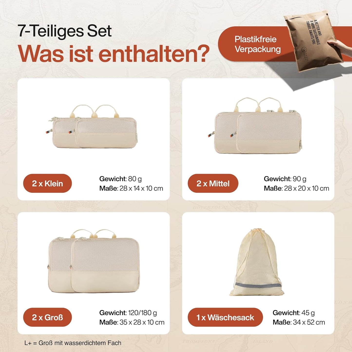 7-teiliges Packwürfel-Set, 7-teiliges Set Sand Beige