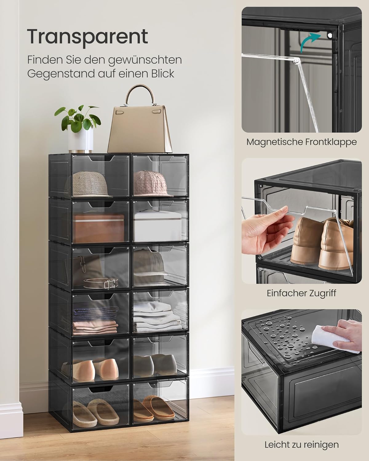 Schuh-Organizer Boxen-Set (12 Stück, stapelbar), Transparentes Schwarz 12