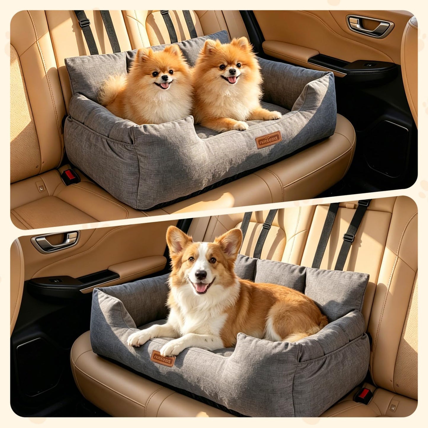 Hundeautositz mit Sicherheitsgurten und Staufächern