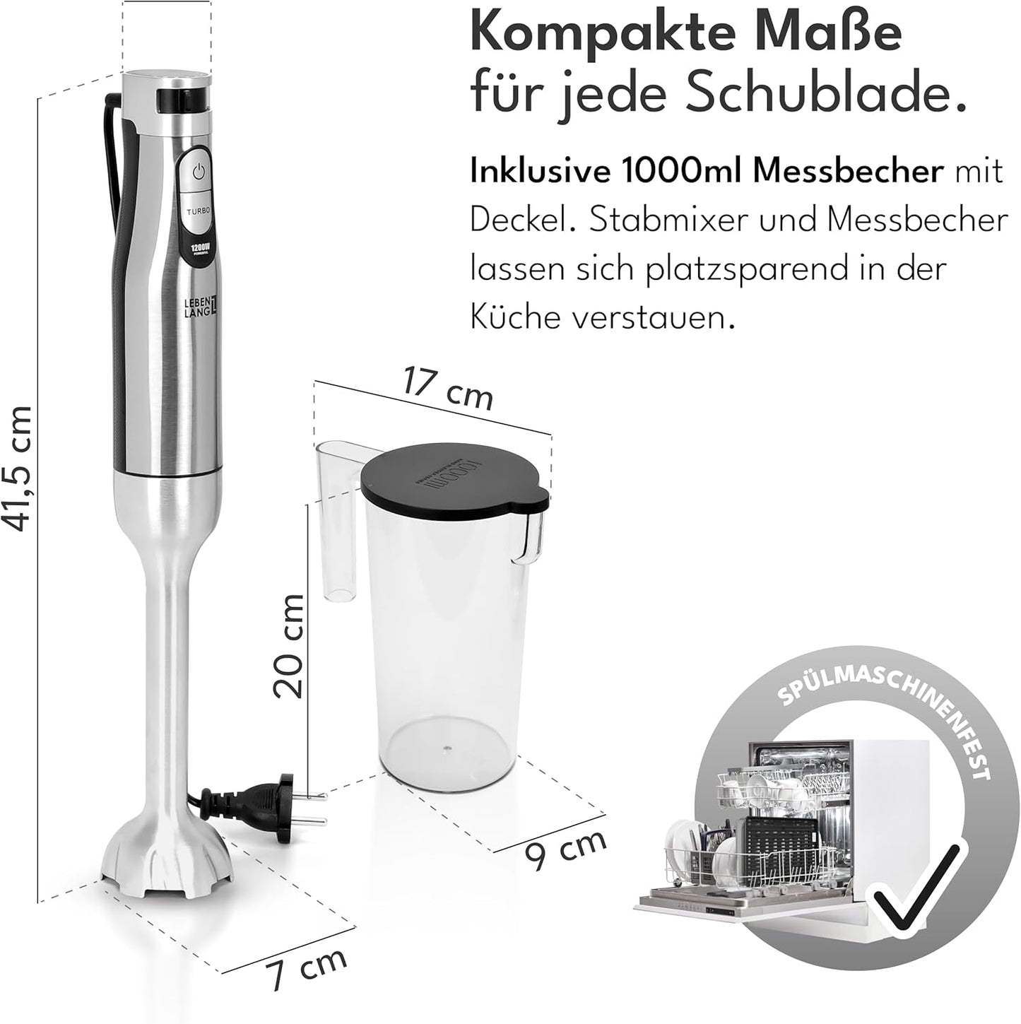 Stabmixer mit Messbecher & Spritzschutz, Stabmixer + Messbecher - 1200W