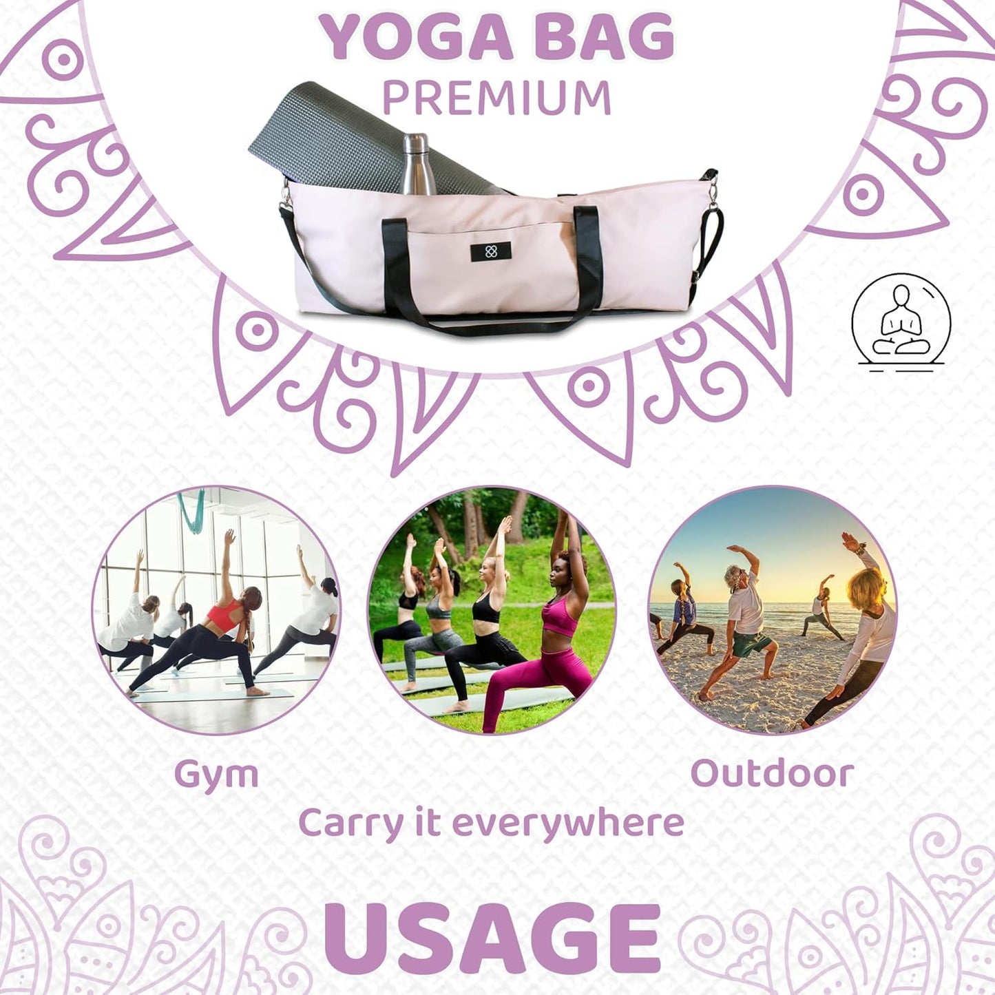 Yogatasche XXL für Matte und Zubehör, Rosa