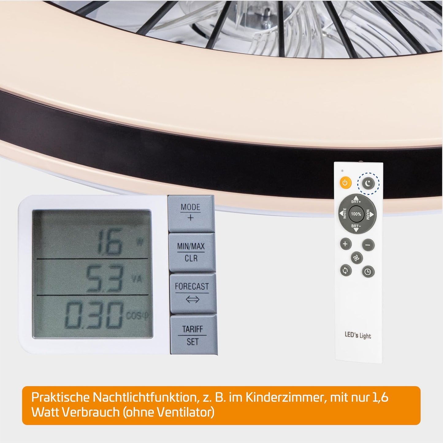 Deckenventilator mit dimmbarer LED-Leuchte, 48 Cm Black White
