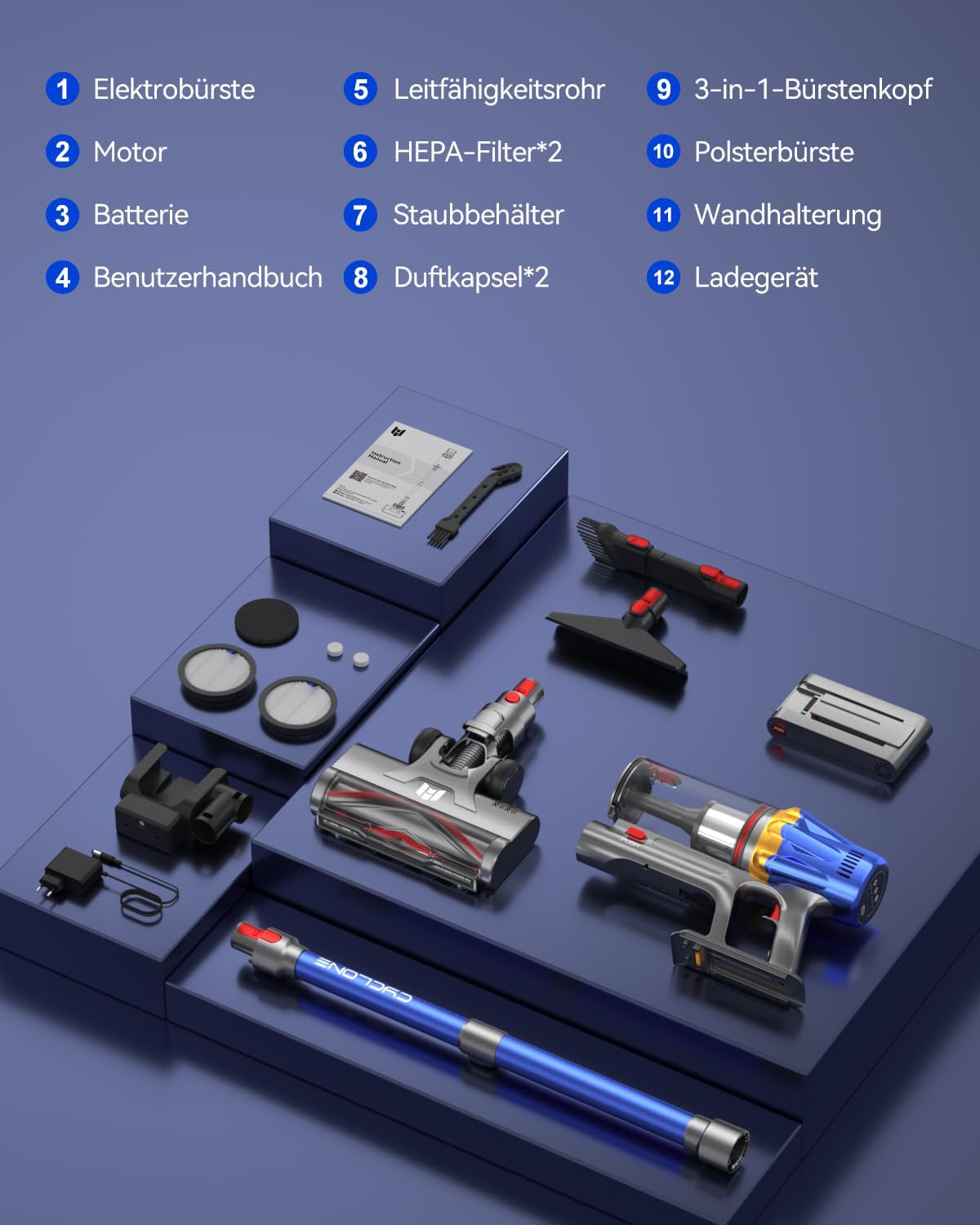 H9 Akkustaubsauger mit LED-Touchscreen, Blau