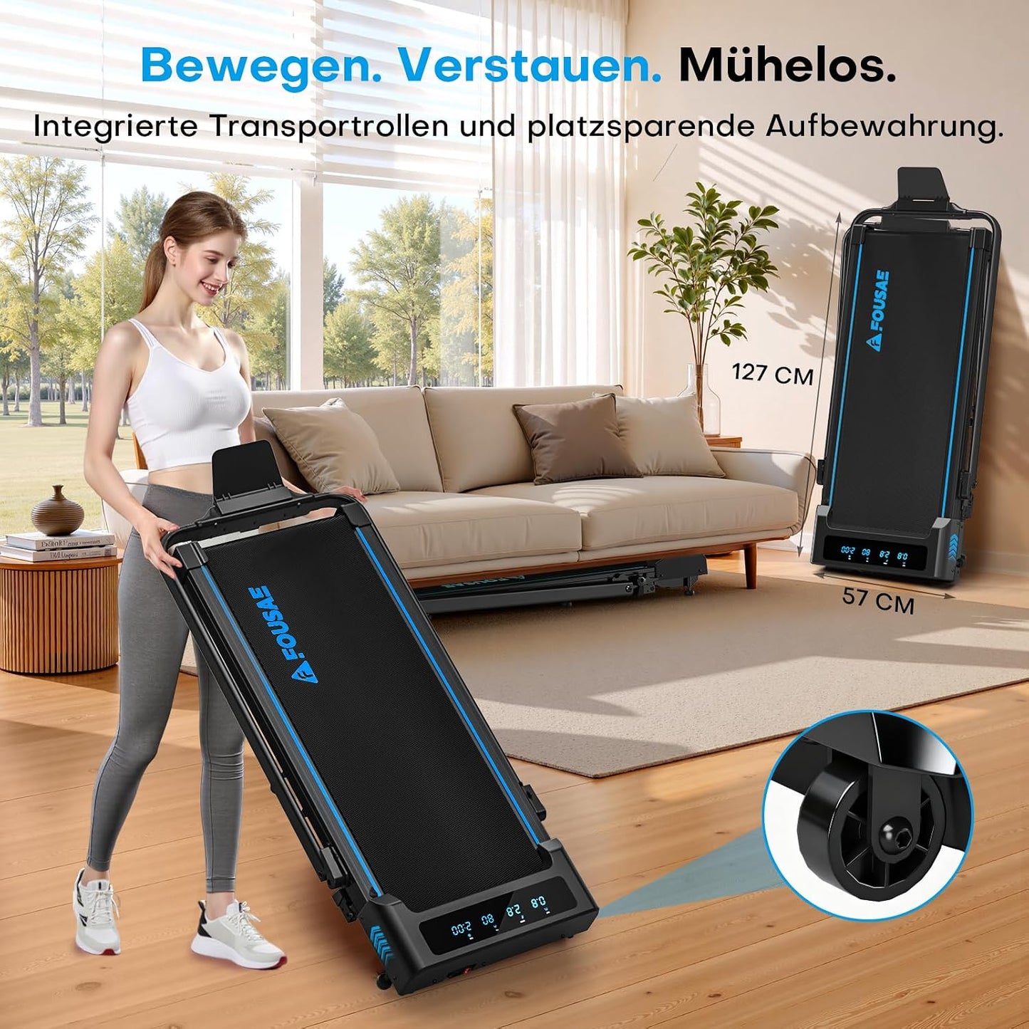 5-in-1 Klappbares Laufband mit Steigung und App-Anbindung, Schwarz-blau