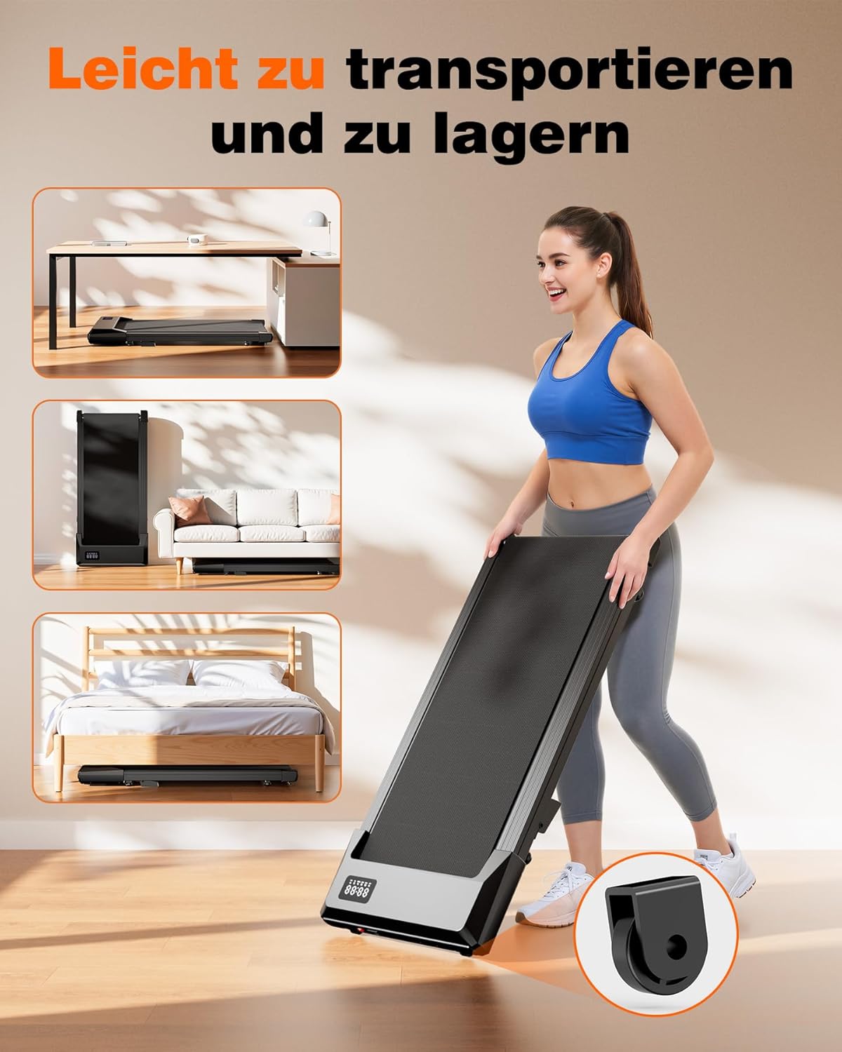 Faltbares 4-in-1 Laufband mit Neigung und Griffen, 100 CM Tiefes Schwarz
