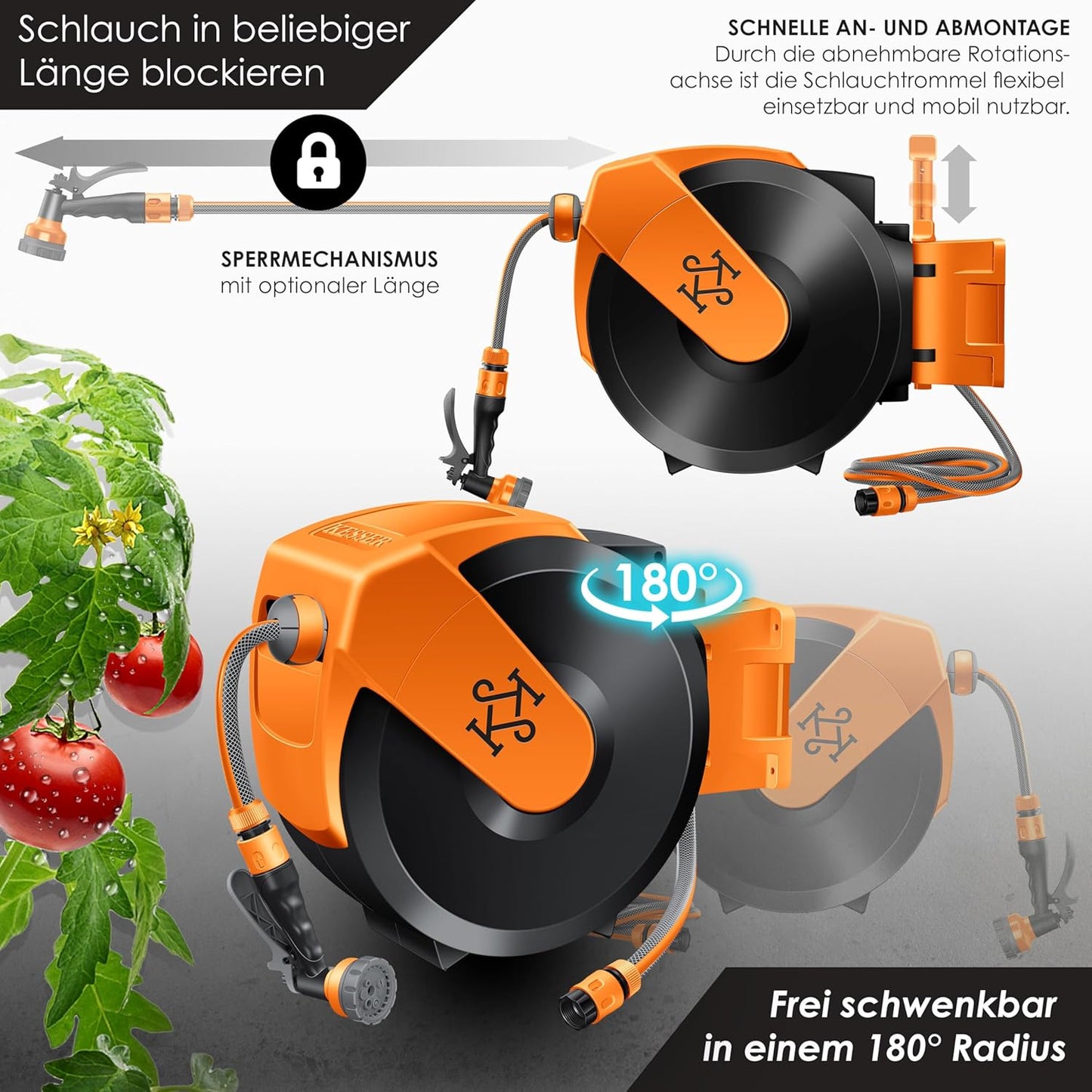 Schlauchtrommel mit 35m Gartenschlauch & Handbrause, Schwarz / Orange, 35m