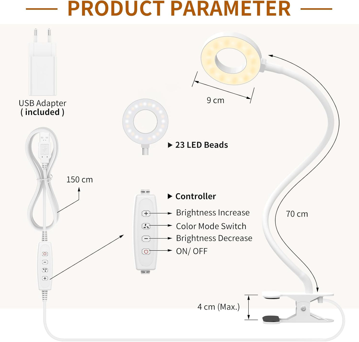LED Leselampe dimmbar, Weiss - 70cm Schwanenhals