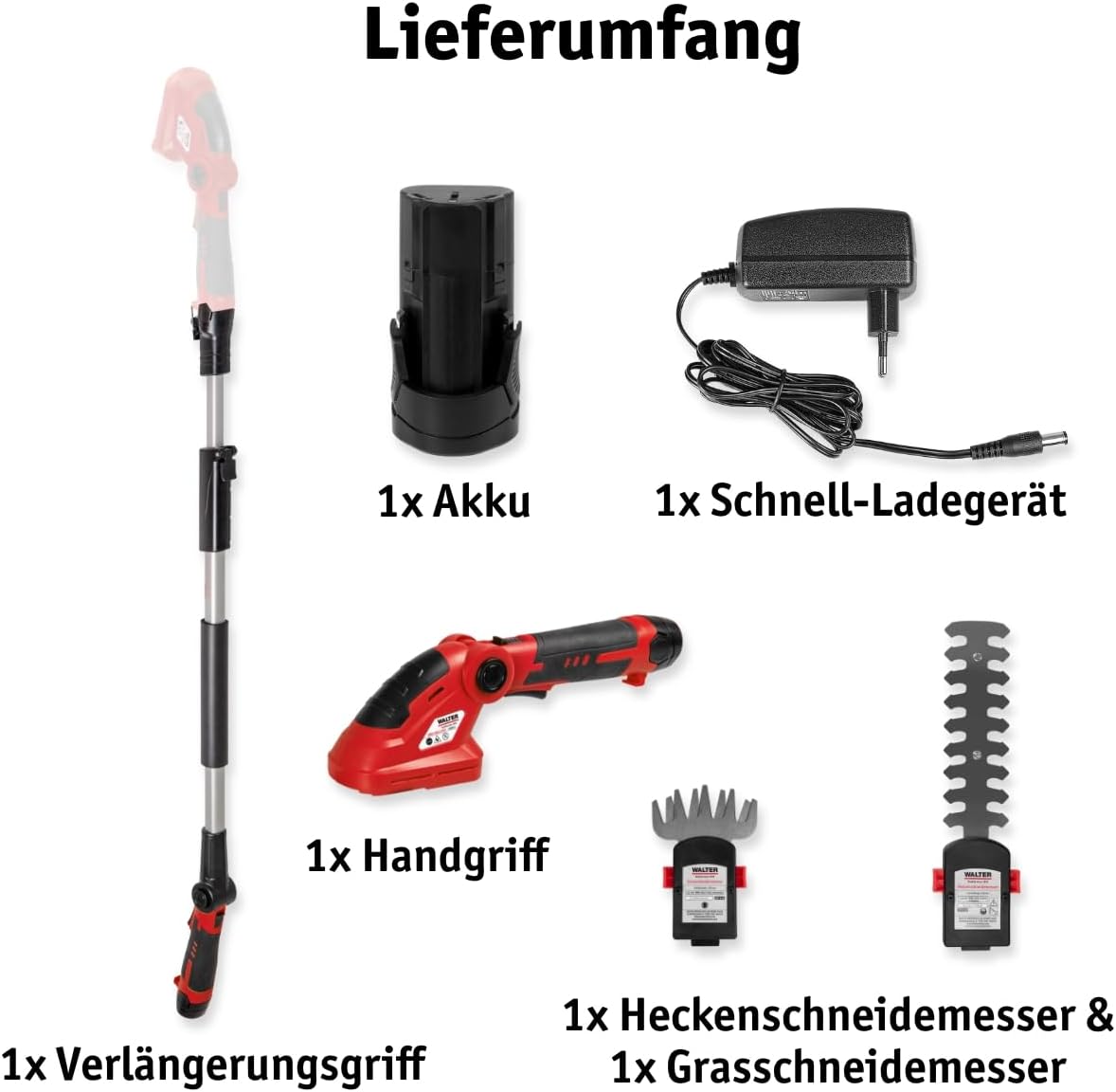 Akku-Heckenschere mit Teleskopstange, Gras und Heckenschere
