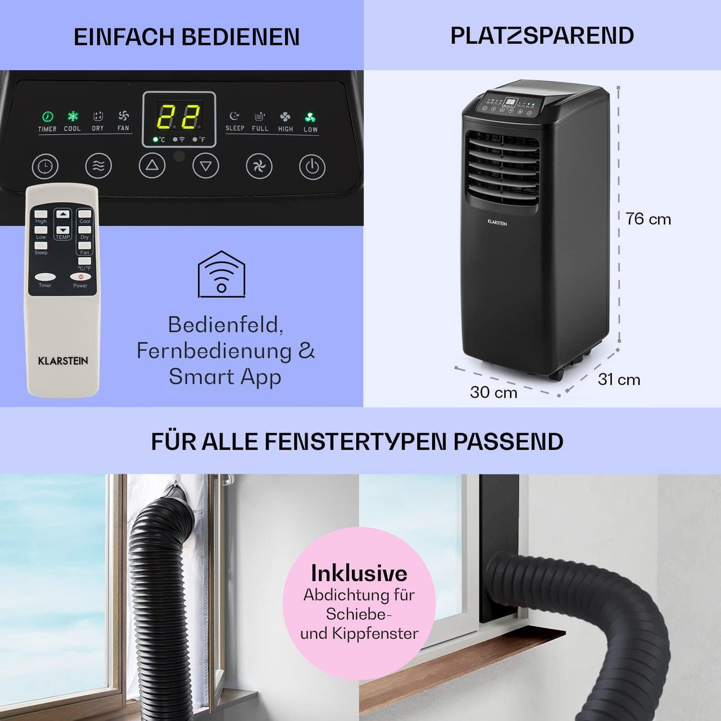 4-in-1 Mobile Klimaanlage mit App-Steuerung, Schwarz Smart - 9000BTU