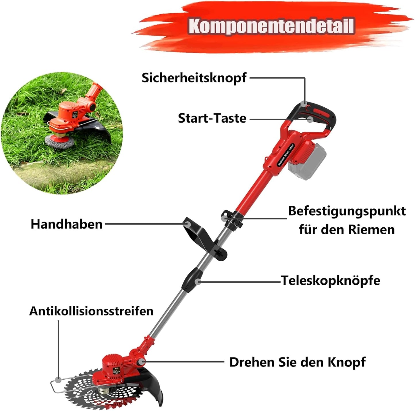 3-in-1 Rasentrimmer für Makita-Akkus 18V mit 5 Klingentypen, Unkrautbürste, Blau