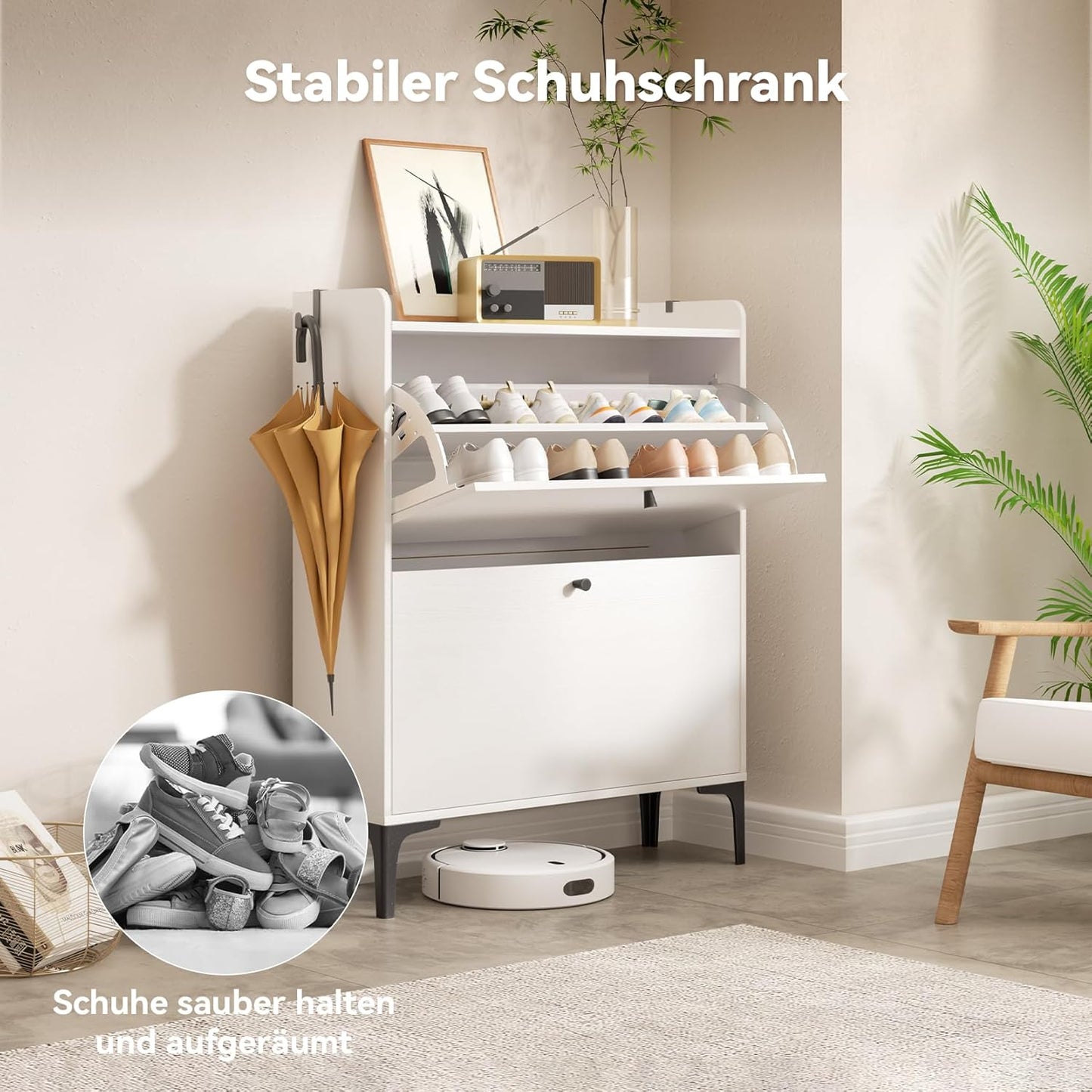 Schuhkipper mit 2 Flip-Schubladen, 80cm Weiß
