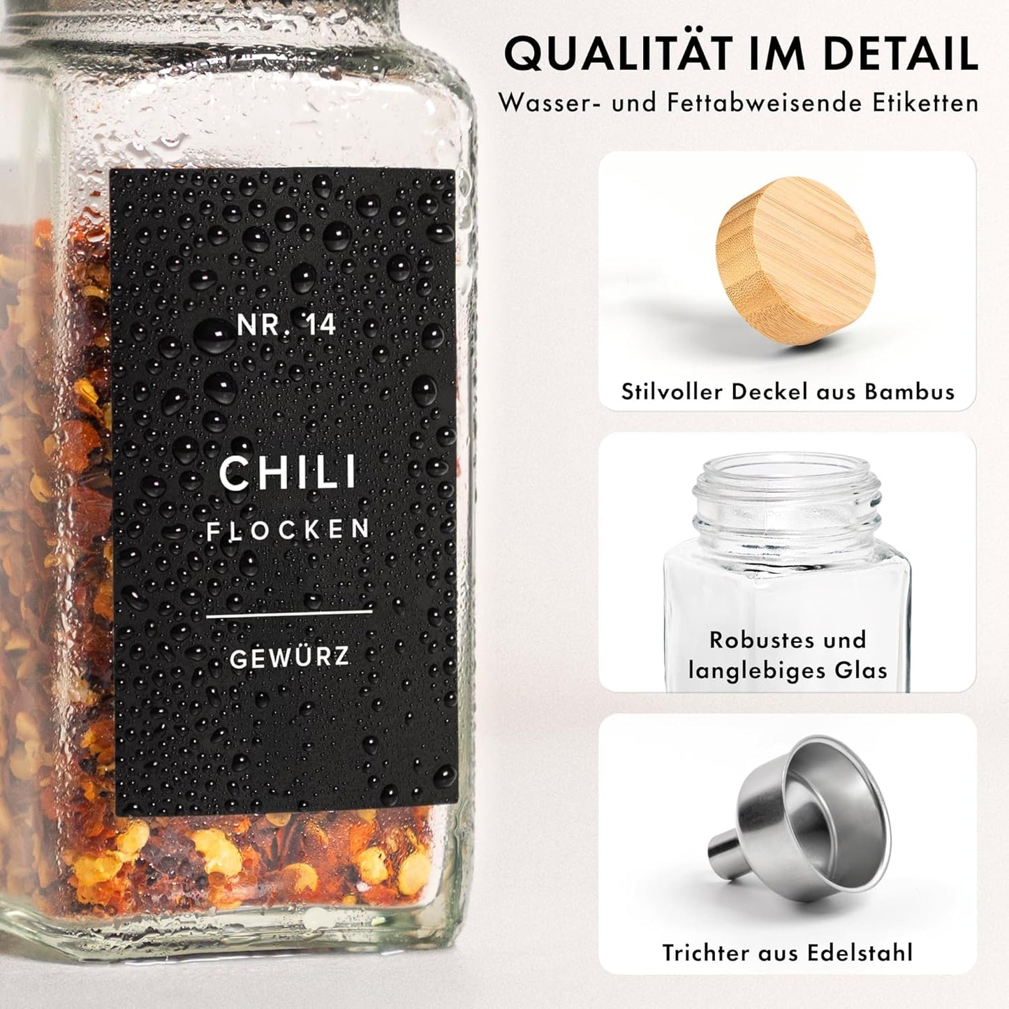 24er-Set Eckige Gewürzgläser, Bambus Dunkler Deckel