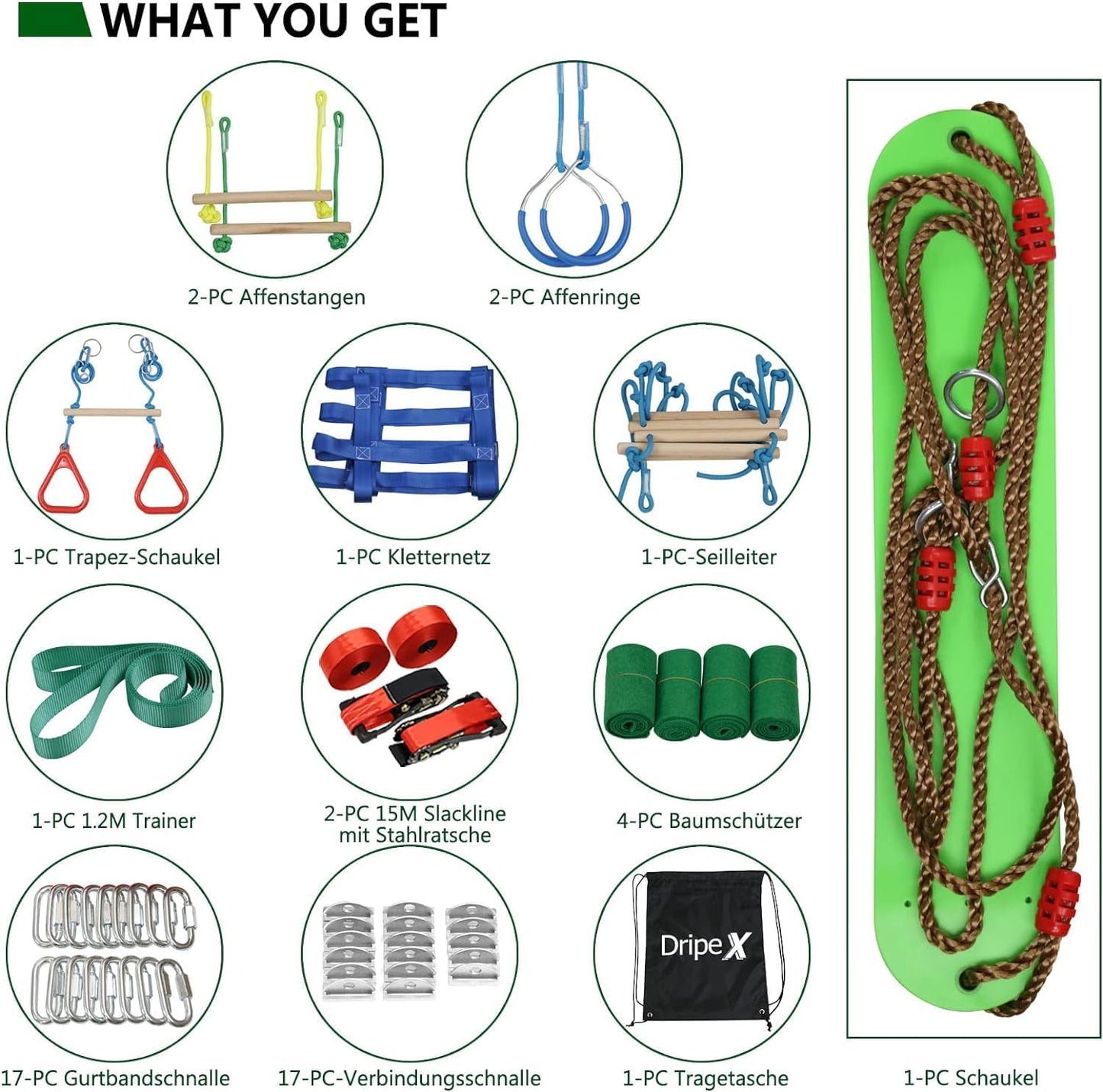 Ninja Slackline Set mit Hindernisparcours (30m, 10 Hindernisse), 15M Slackline×2 +10 Hindernisse