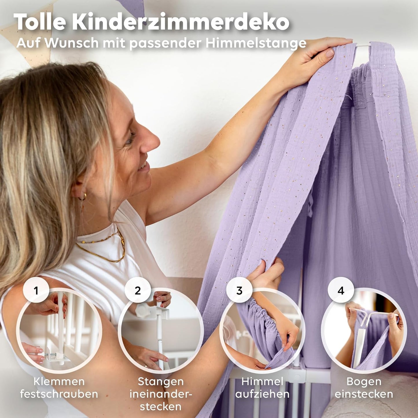 Babybetthimmel mit Goldapplikationen, Flieder ohne Himmelstange