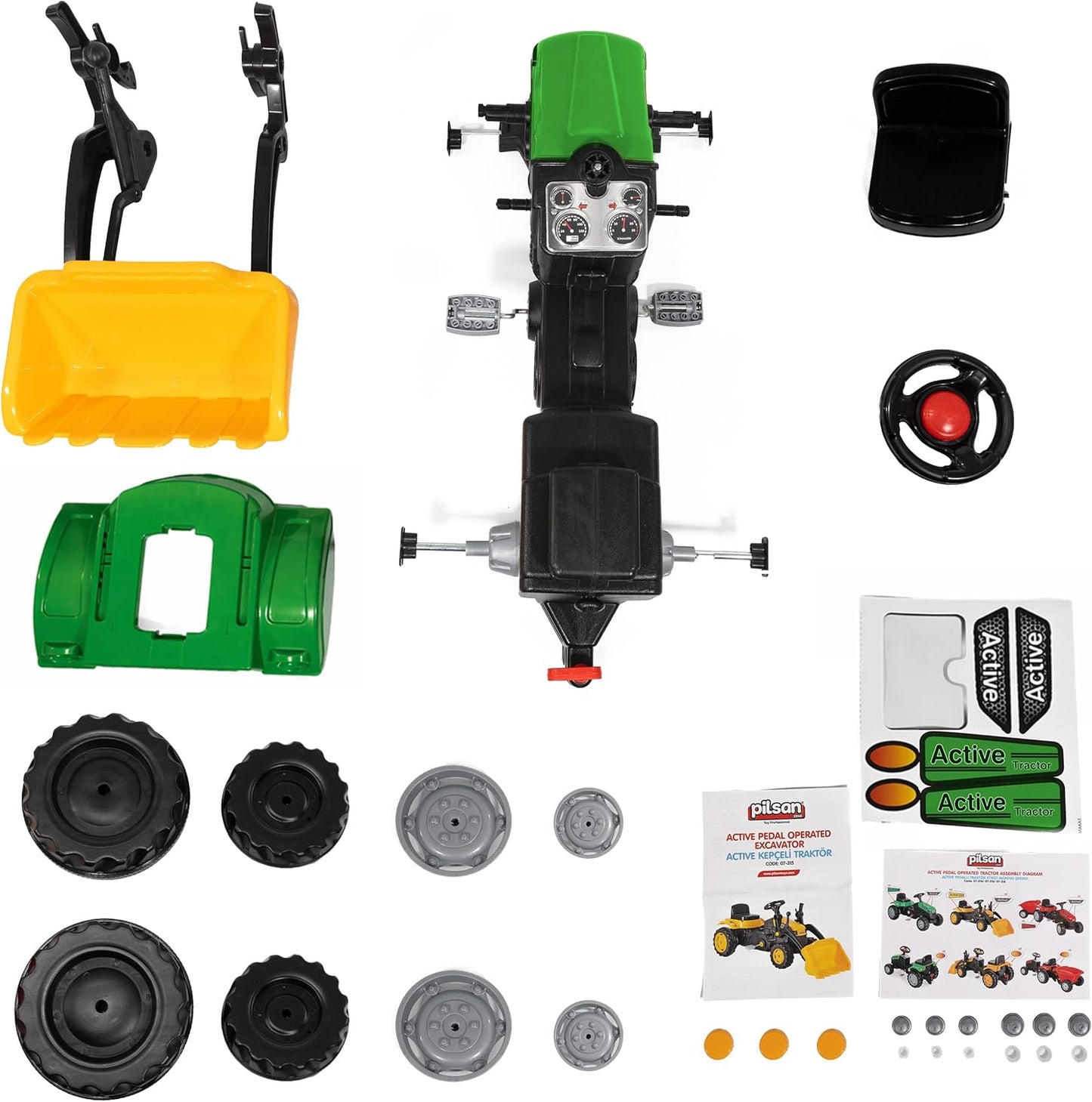 Kinder-Trettraktor mit Hupe, Grün mit Frontlader