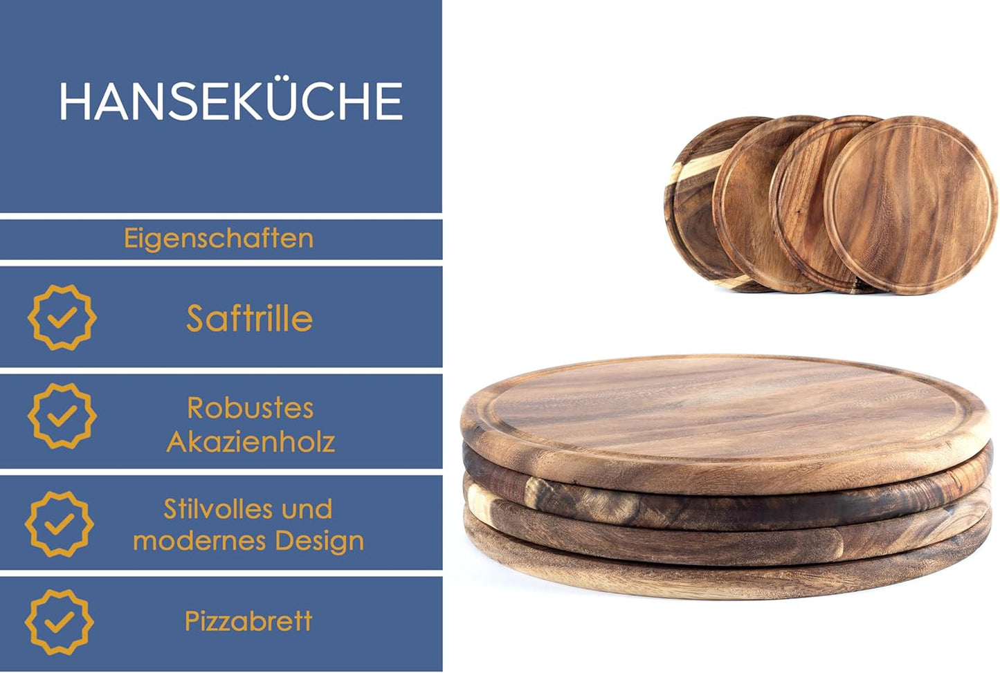 4er-Set Runde Schneidebretter, Akazie Rund 4er Set