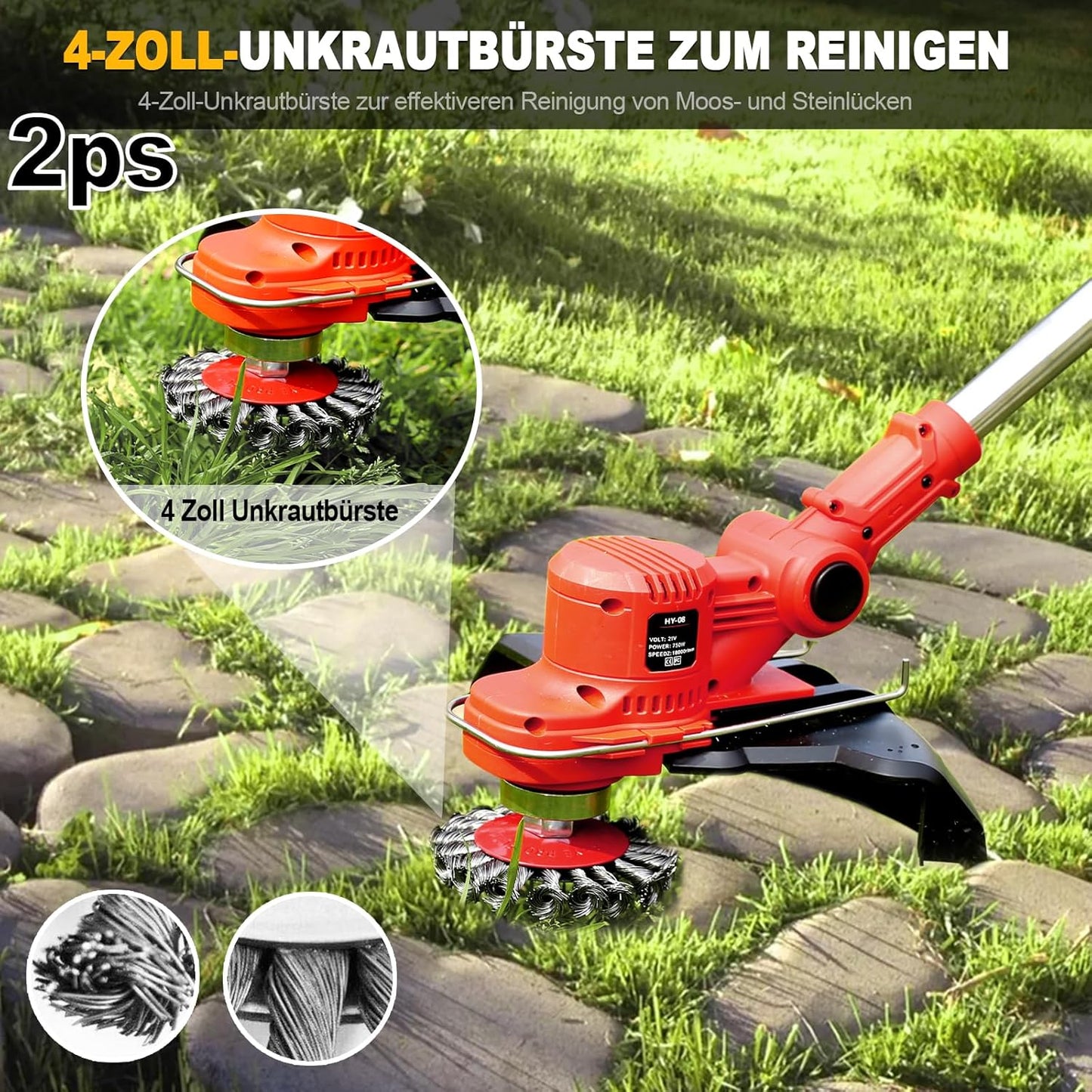 4-in-1 Akku-Rasentrimmer mit Unkrautbürste, Rosa