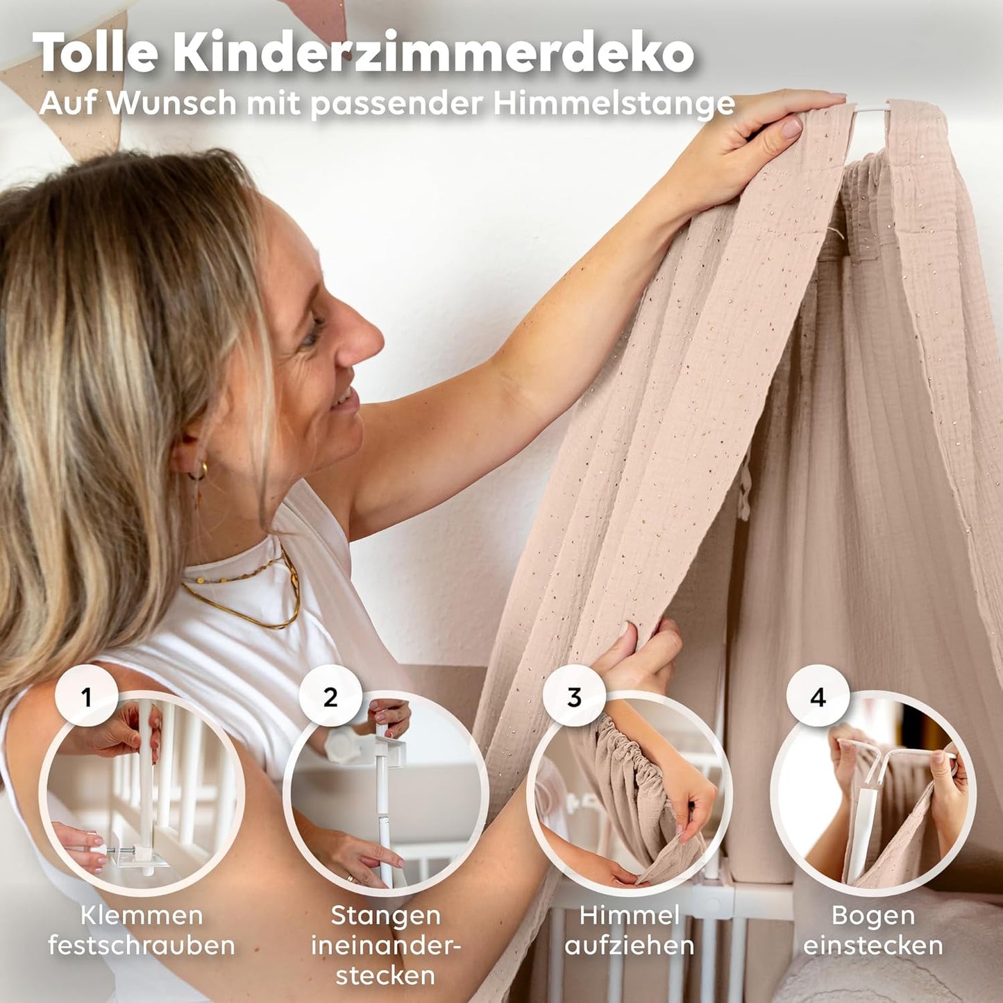 Betthimmel Babybett mit Goldapplikationen, Beigerosa ohne Himmelstange