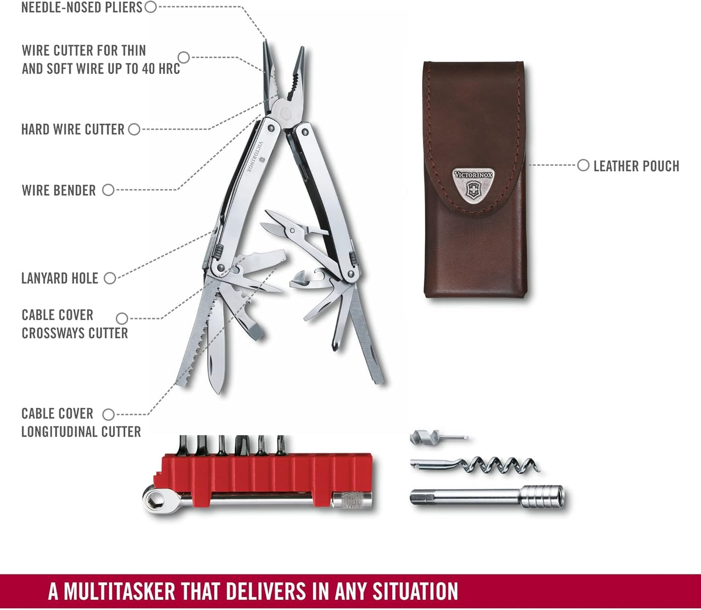 Multifunktionswerkzeug Swiss Tool Spirit X Plus (36 Funktionen), Gerade Klinge Leder-Etui Single