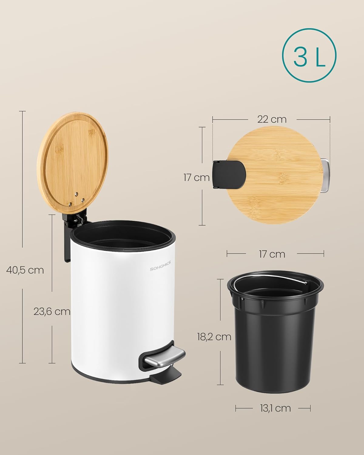 Kosmetikeimer mit Softclose-Deckel, Wolkenweiss 3 L