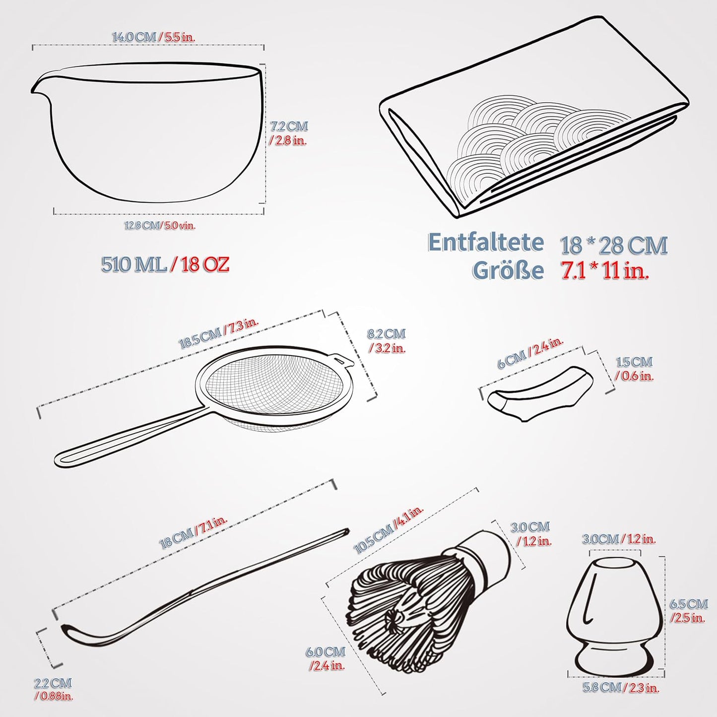 7-teiliges Matcha Tee-Set mit Schale und Besen, 7Stück/Set, Schüssel mit Ausgiesser Grau-lt.