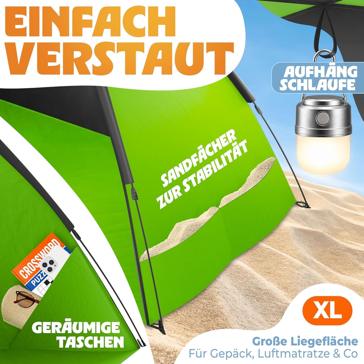 Pop Up Strandmuschel UV Schutz 50+, Grün 190 x 100 x 110 cm