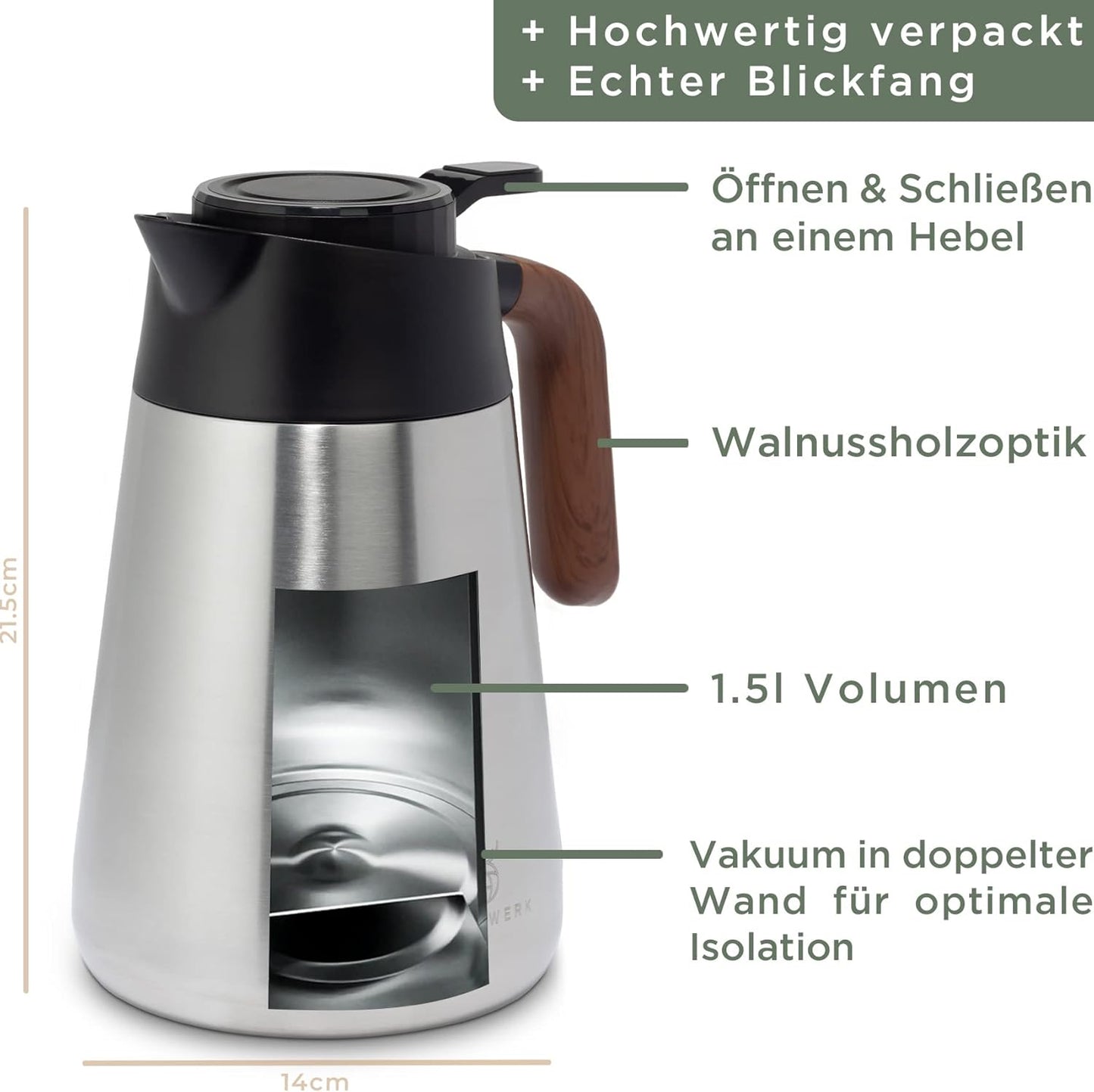 Thermoskanne mit tropffreiem Ausguss, 1.5 Liter, Edelstahl