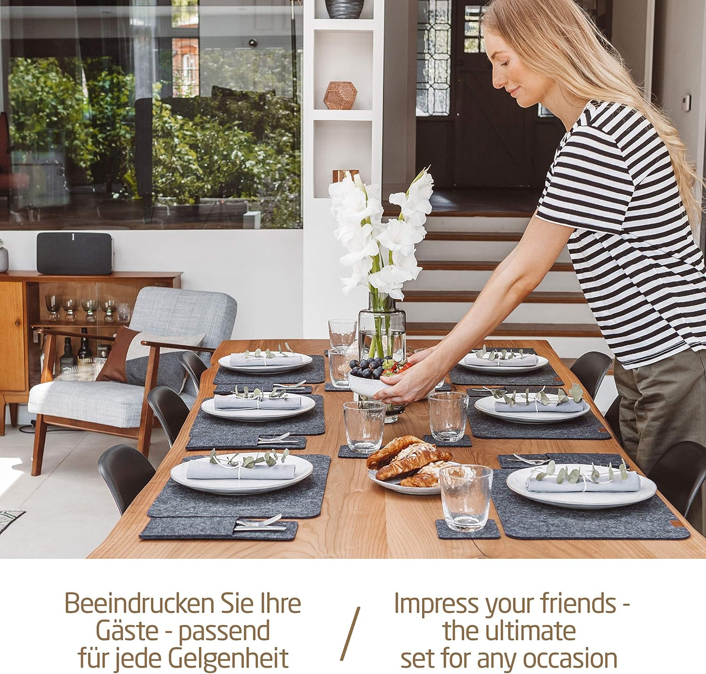 24-teiliges Tischuntersetzer-Set, Dunkelgrau / Rechteckig 8er-Set mit Zubehör