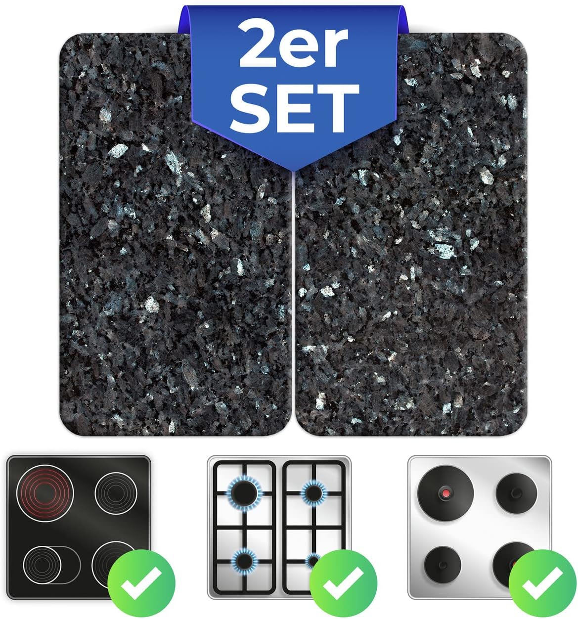 2er Herdabdeckplatten-Set aus gehärtetem Glas, 30x52cm, BLAUER MARMOR