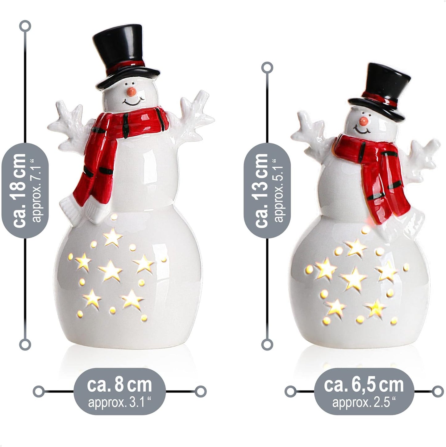 2er-Set LED-Schneemann-Leuchtfiguren, 02 Stück - Keramik Schneemann - Timer