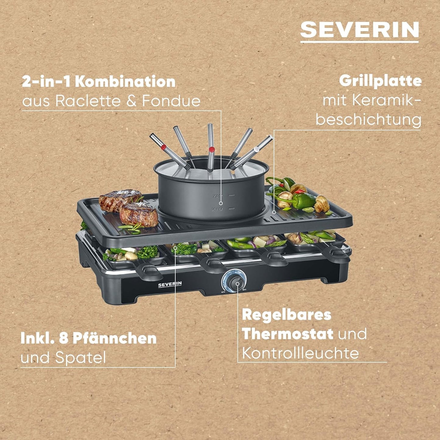 2-in-1 Raclette-Fondue-Kombination für 8 Personen, NEU Black Line