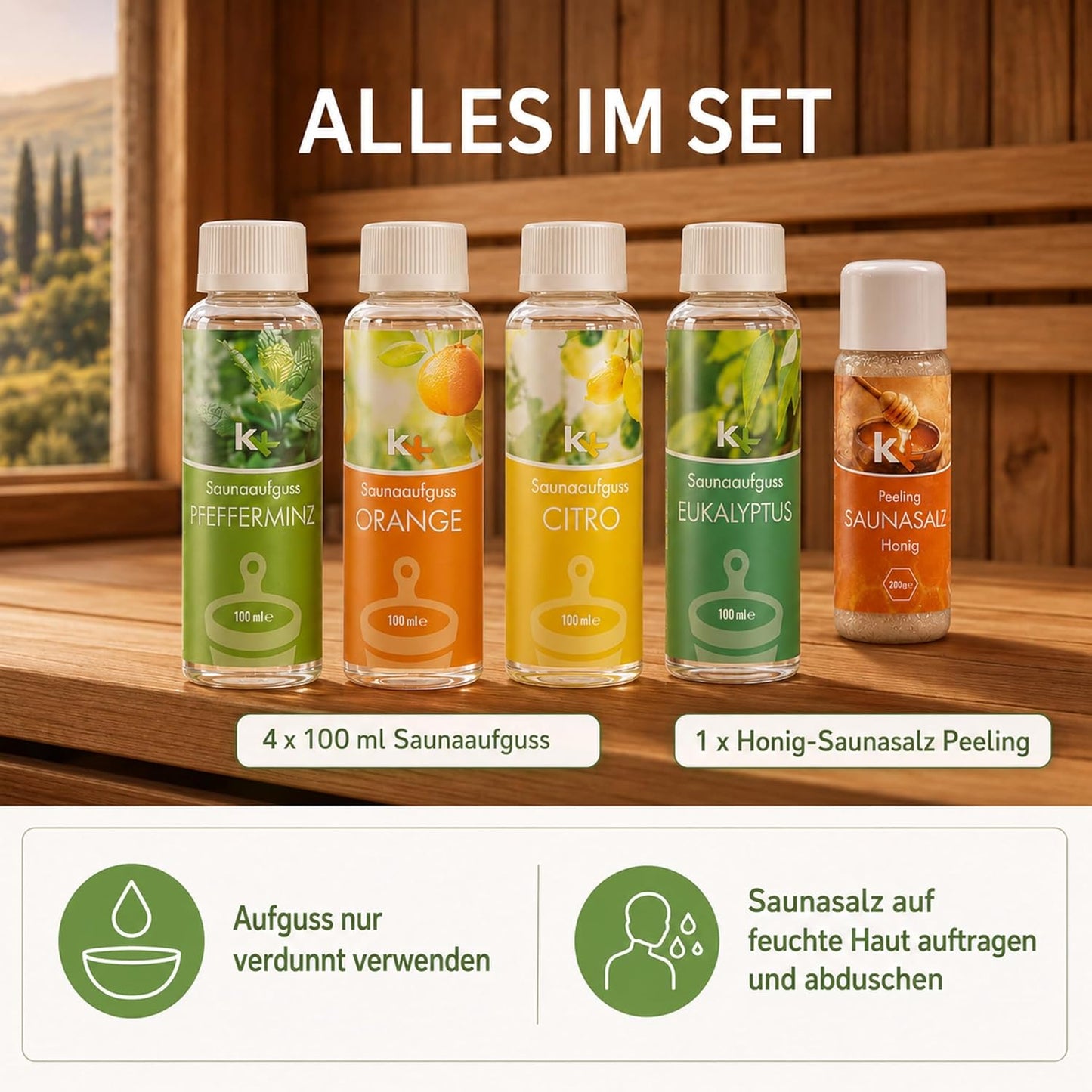 Saunaaufguss Geschenkset Toskana mit Honig Peeling, 4x100ml, Toskana