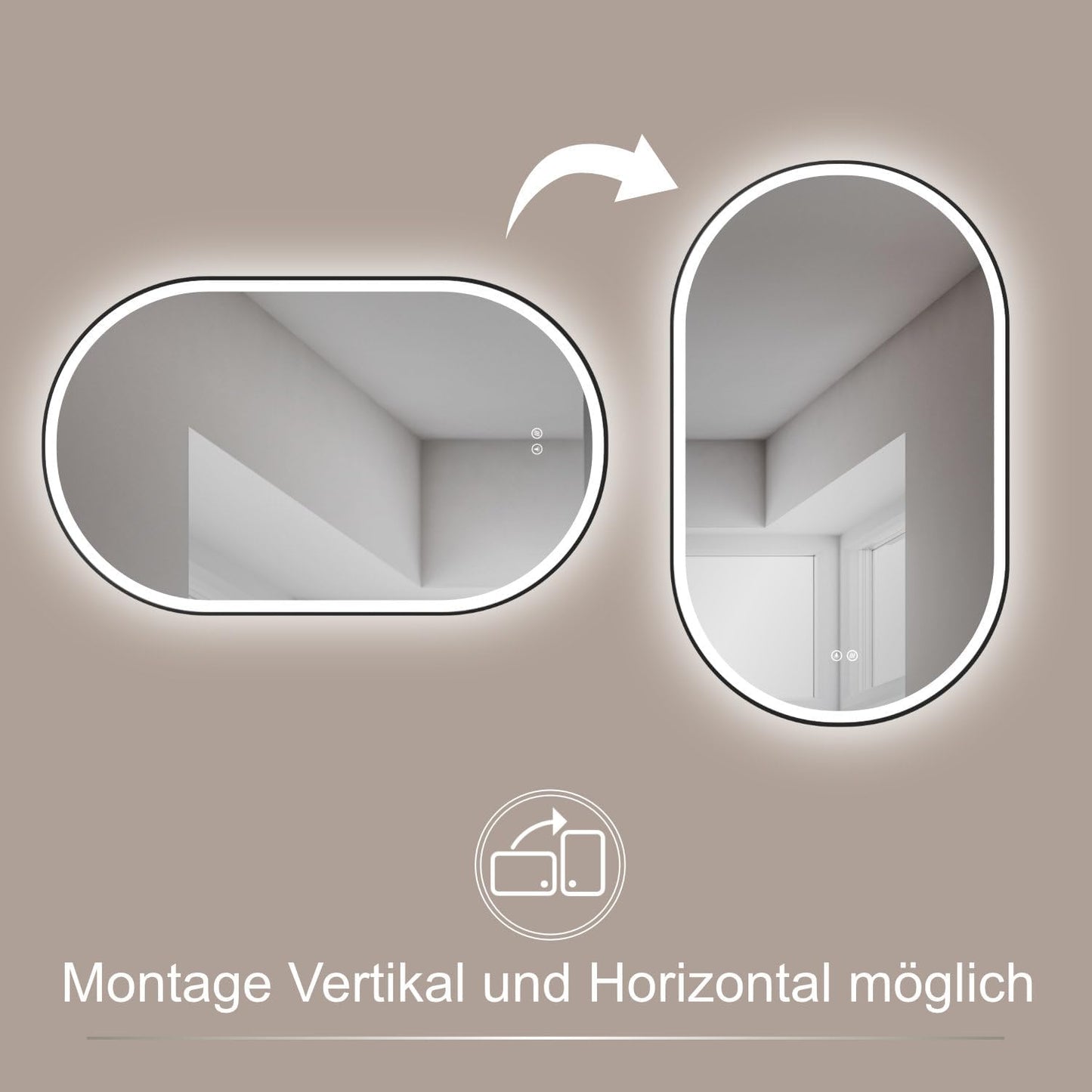 Antibeschlag LED Badspiegel mit Touch-Schalter, 75L x 45B cm ; Schwarz Oval
