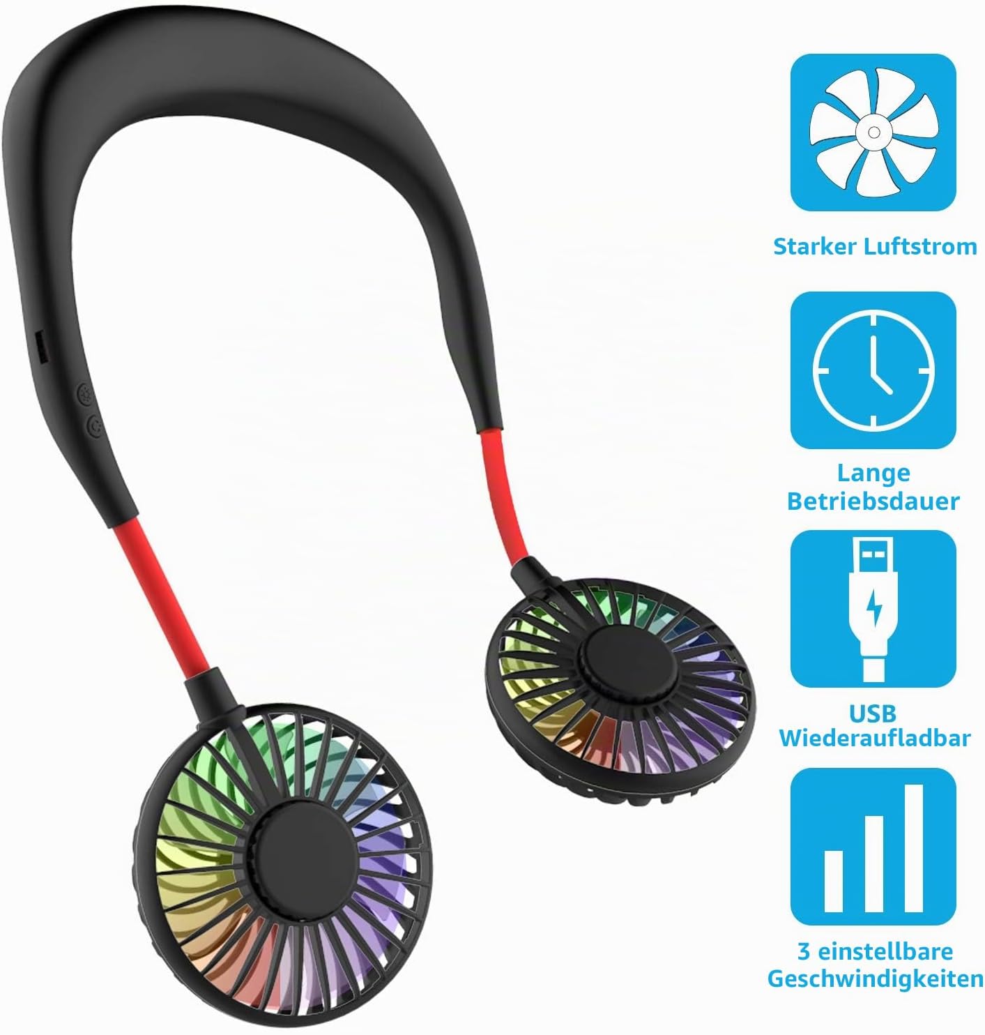 Tragbarer USB-Nackenventilator mit LED-Licht, Schwarz