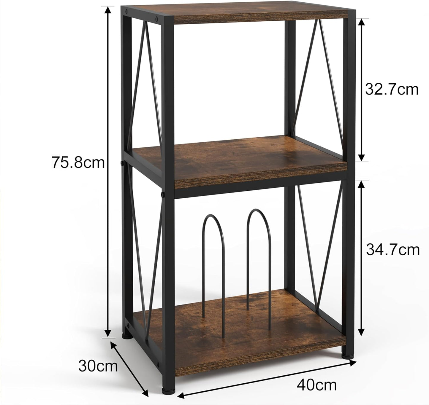 Plattenspieler Regal mit 3 Etagen und 50 kg Tragkraft, Braun 40x30cm Tischplatte