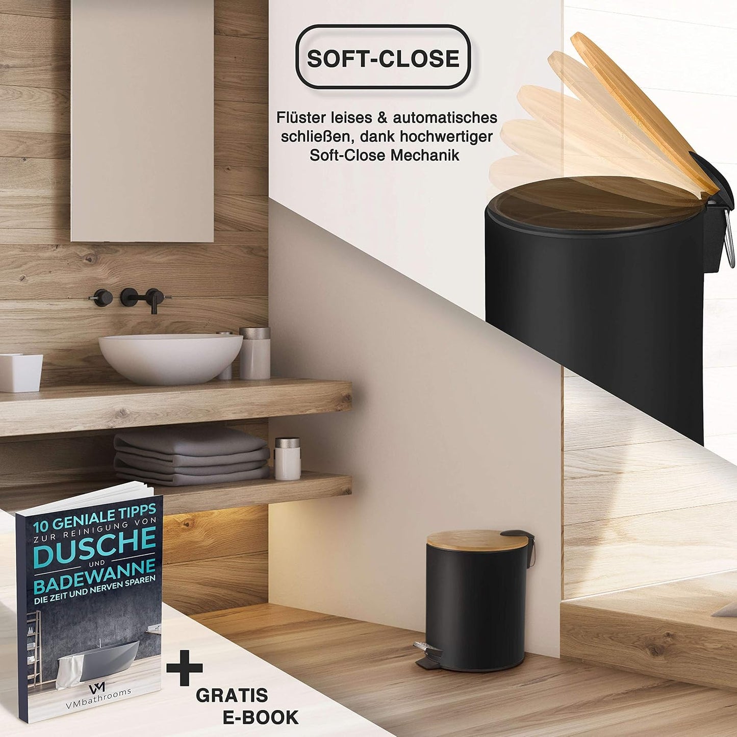 Kosmetikeimer mit Soft-Close und Bambusdeckel, Schwarz Matt 5L
