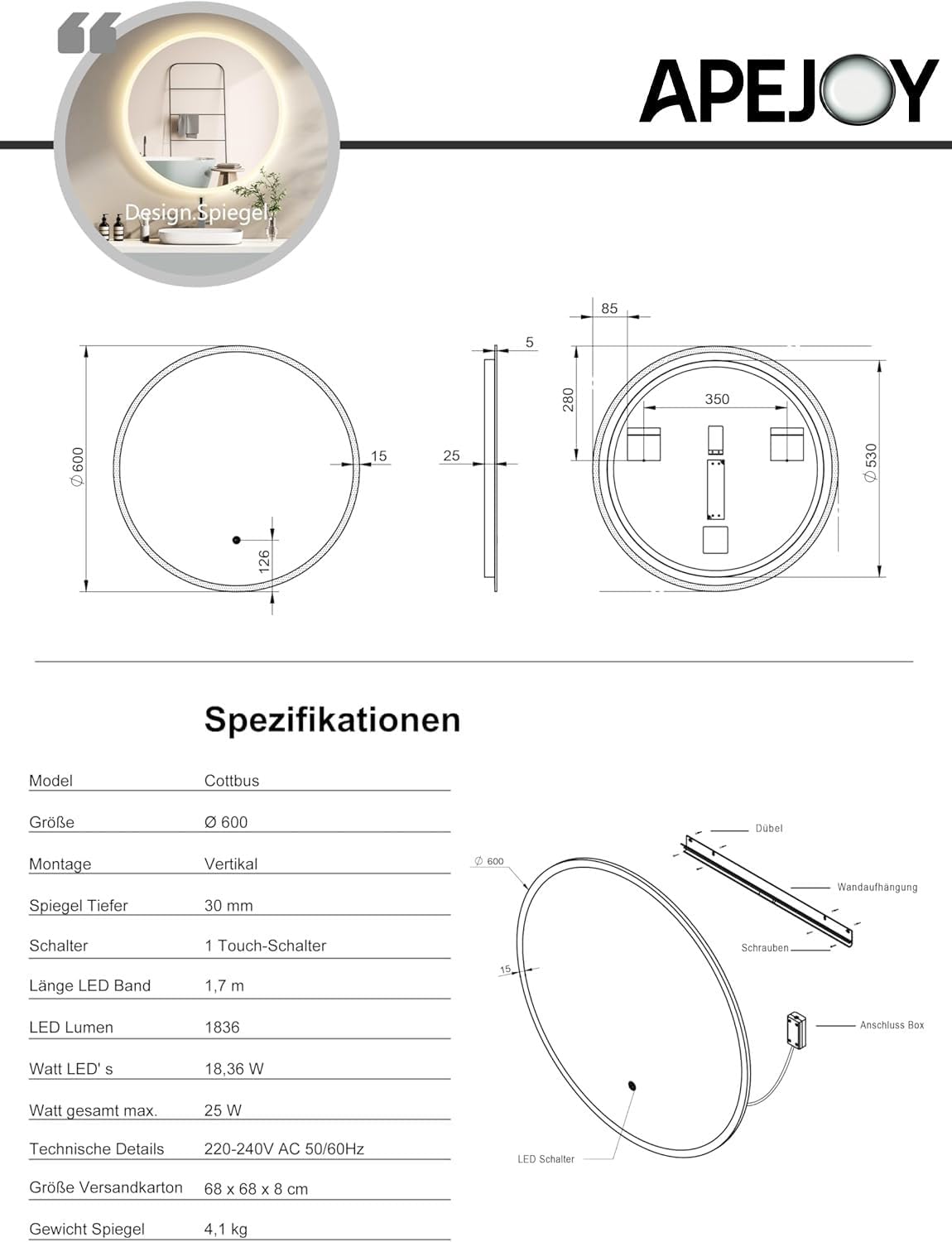 Runder Badspiegel mit LED-Beleuchtung, 60cm, Schwarz 60L x 60B cm