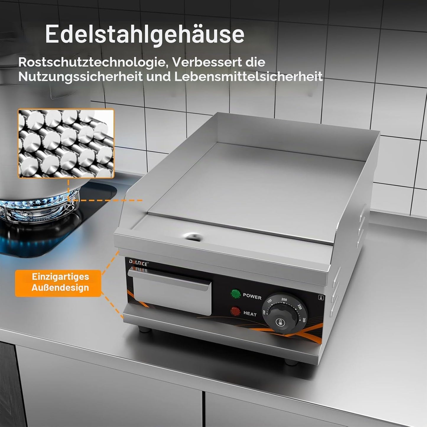 Elektrische Grillplatte mit Temperaturregelung, Silber, 28cm, 1