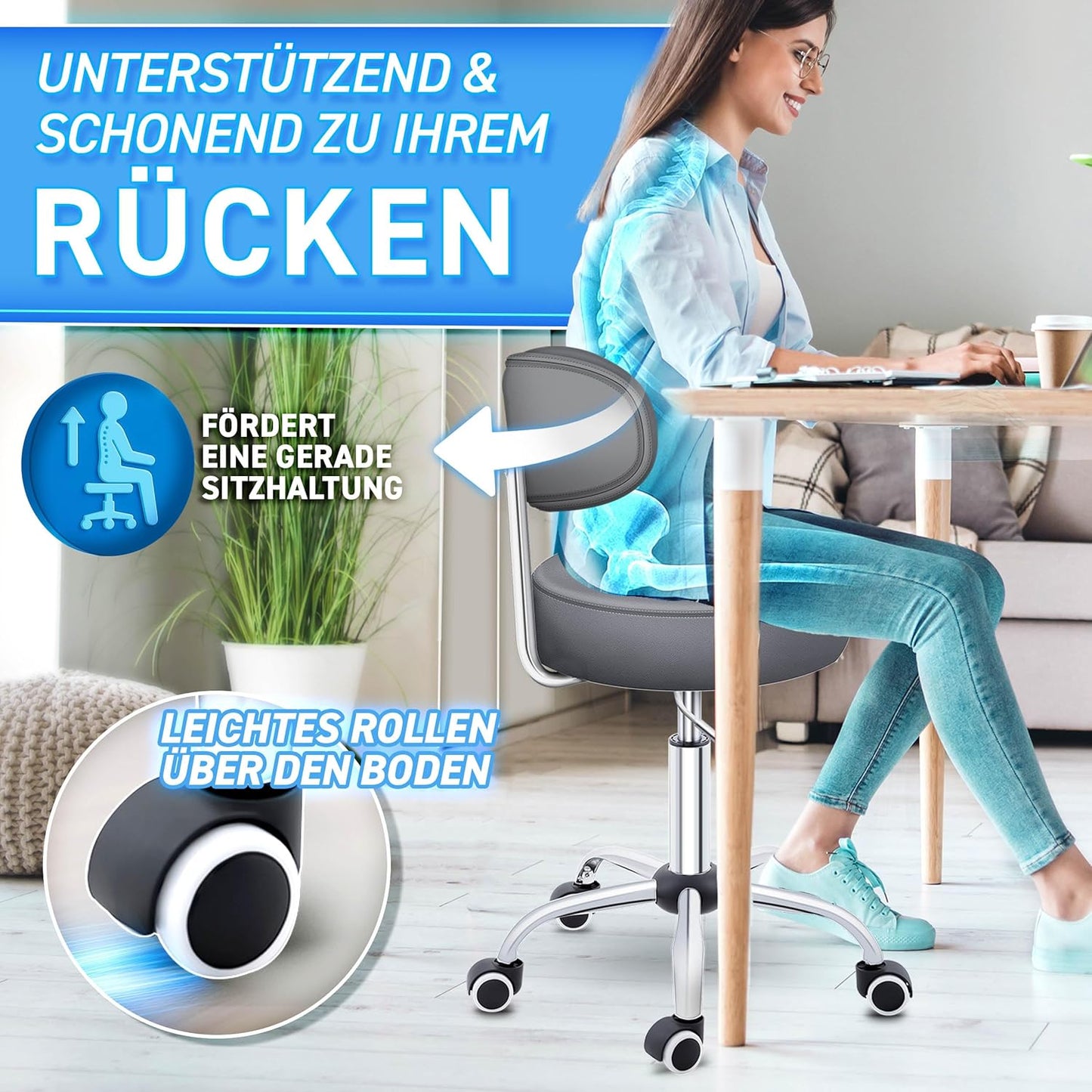 Höhenverstellbarer Drehhocker mit Lehne und Rollen, Grau