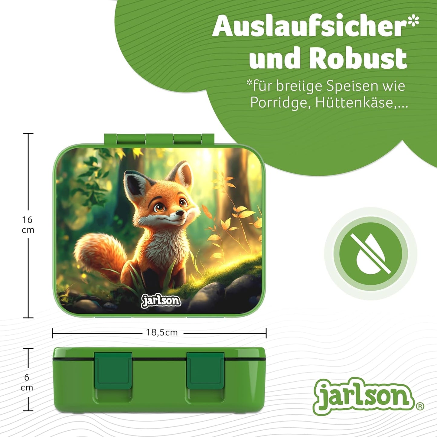 Kinder Bento Lunchbox mit Trennfächern, Fuchs Grün