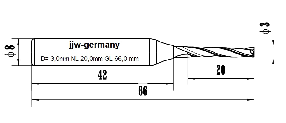 Spiralnutfräser, D= 3,0 mm NL 20,0 mm GL 66
