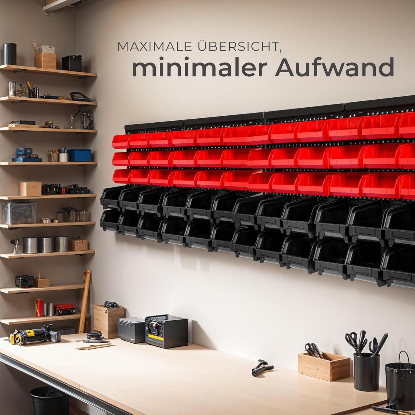 Werkstatt-Wandregal mit Stapelboxen, 64 x 38 x 17.5 cm | 2 Shelf Units, Rot, Schwarz