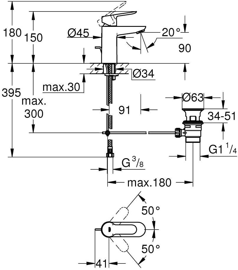 Einhand-Waschtischbatterie BAUEDGE, Chrom S-Size Mit Zugstange aus Kunststoff