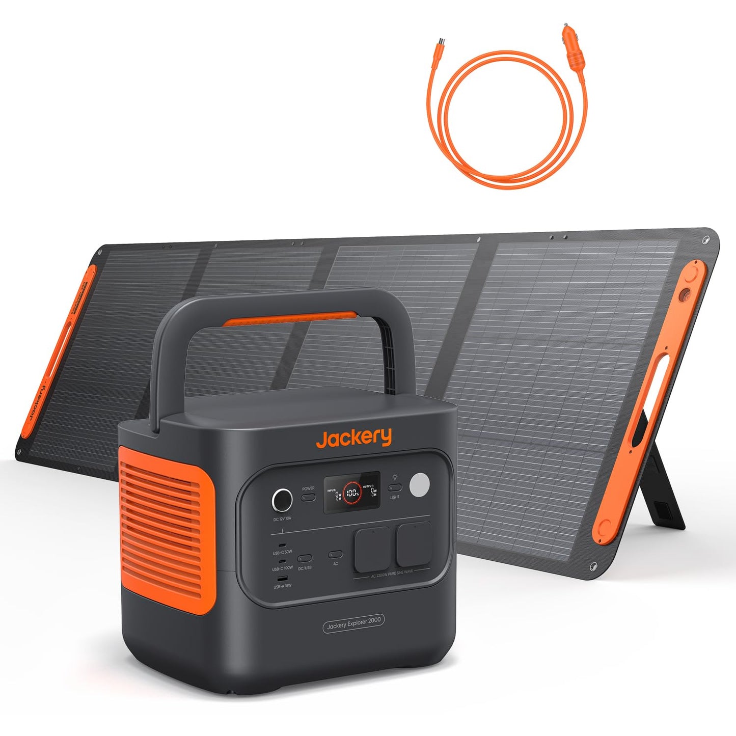 Tragbare Powerstation mit Solarpanel, E2000 V2+Kfz-Ladekabel