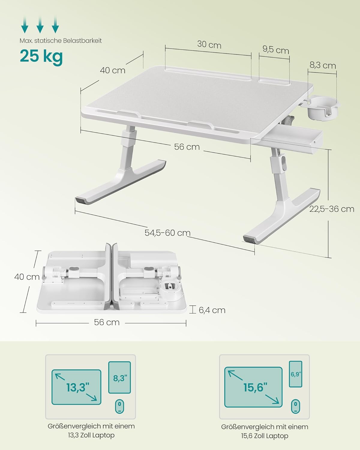 Laptoptisch mit Getränkehalter und Schublade, Grau
